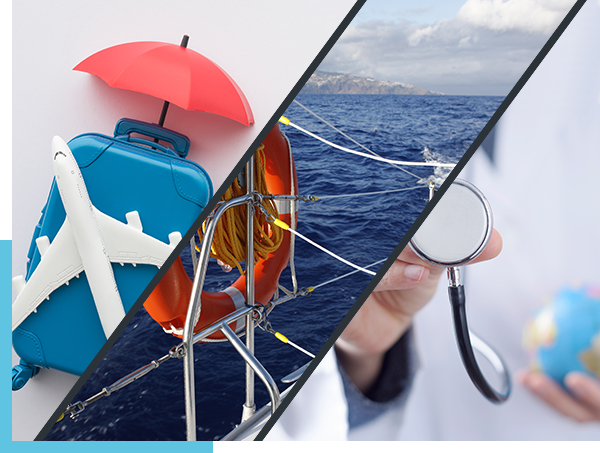 schräg dreigeteiltes Bild – links ein Flugzeugmodell liegt auf einem Reisekoffer und einem Regenschirm, in der Mitte eine Segelbootreling mit dem Blick auf welliges Meer, rechts eine Person hält ein Stethoskop und in der anderen Hand eine kleine Globus