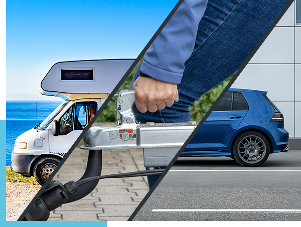 schräg dreigeteiltes Bild – links ein Wohnmobil, in der Mitte eine Hand an einer Anhängerkupplung, rechts Heck eines VW Golfs