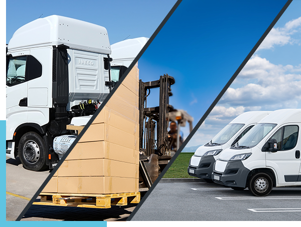 schräg dreigeteiltes Bild – links ein weißer LKW, in der Mitte ein Gabelstapler mit aufgeladener Palette, rechts zwei weiße Lieferwagen